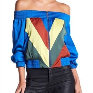BCBGMAXAZRIA Blue Off-The-Shoulder Bomber Jacket